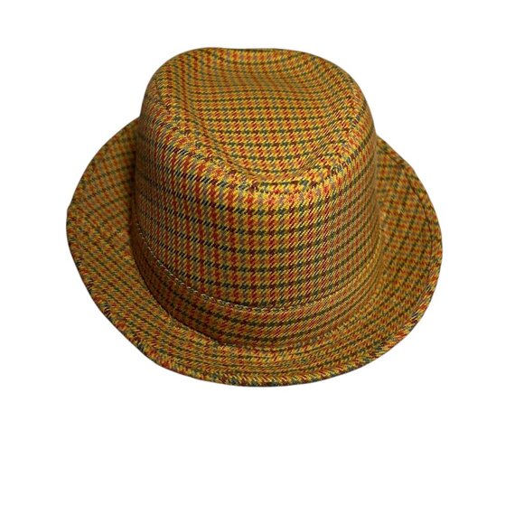 Houndstooth Fedora Indie Hipster Patterned Tan Checkered 50s 60s Retro Hat - Picture 1 of 9